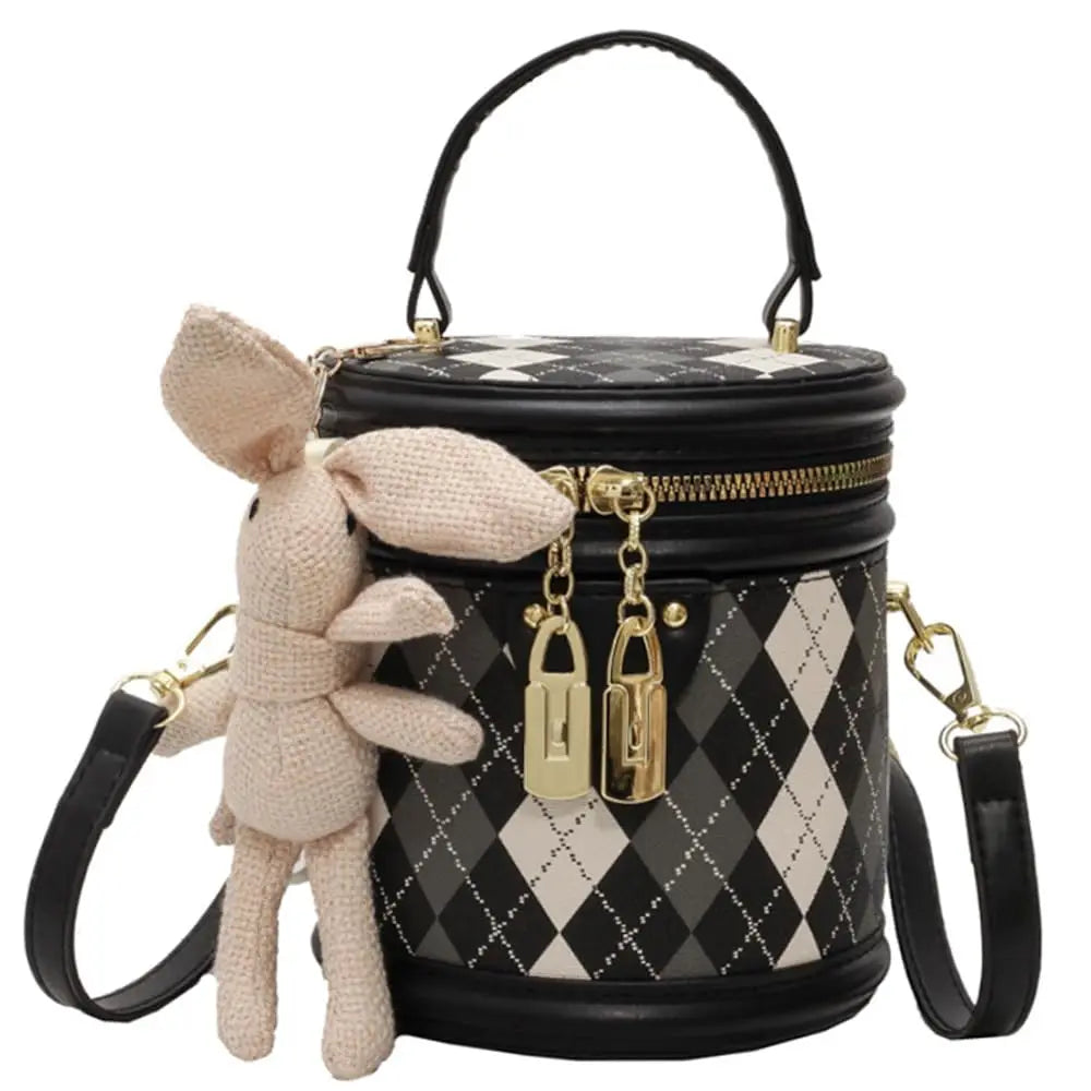 Vintage Bucket Handbag with Bunny Keychain