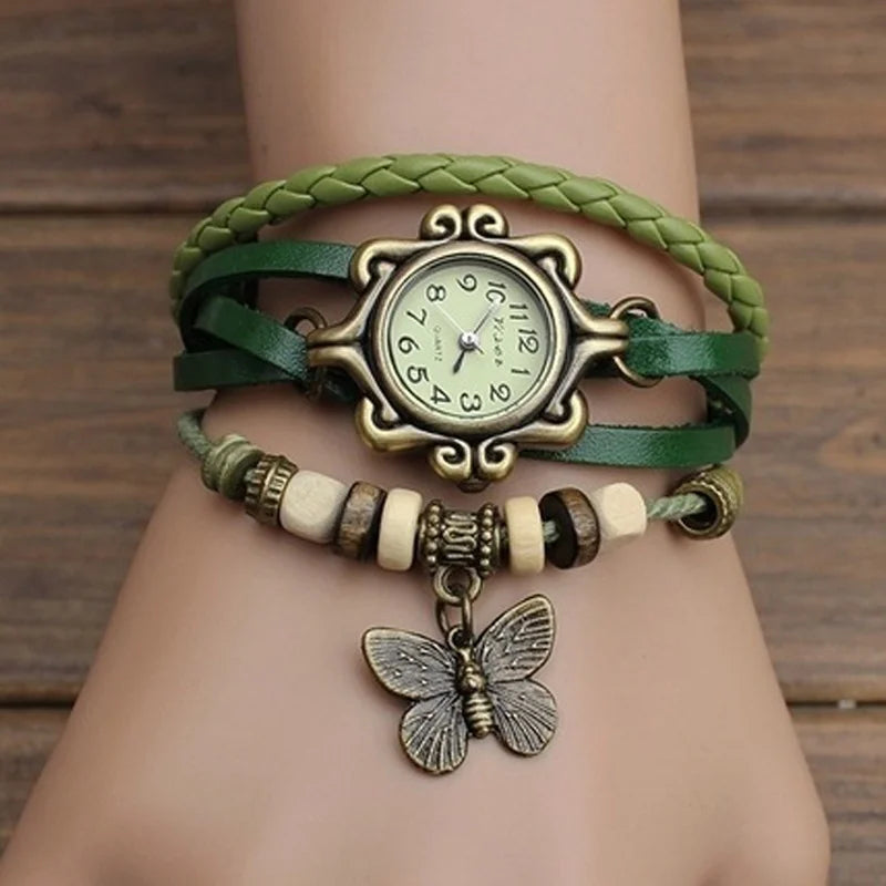 Vintage Leather Hand Woven Women's Watch Antique Copper Thin Strap Bracelet Women's Pendant Watch Exquisite Trendy Quartz Watch