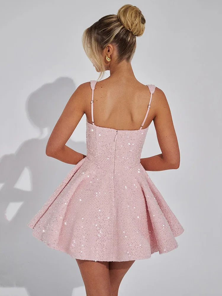 Mozision Sequins Bow Backless Sexy Mini Dress For Women Robe Fashion Square Collar Sleeveless High Waist A-line Club Dress