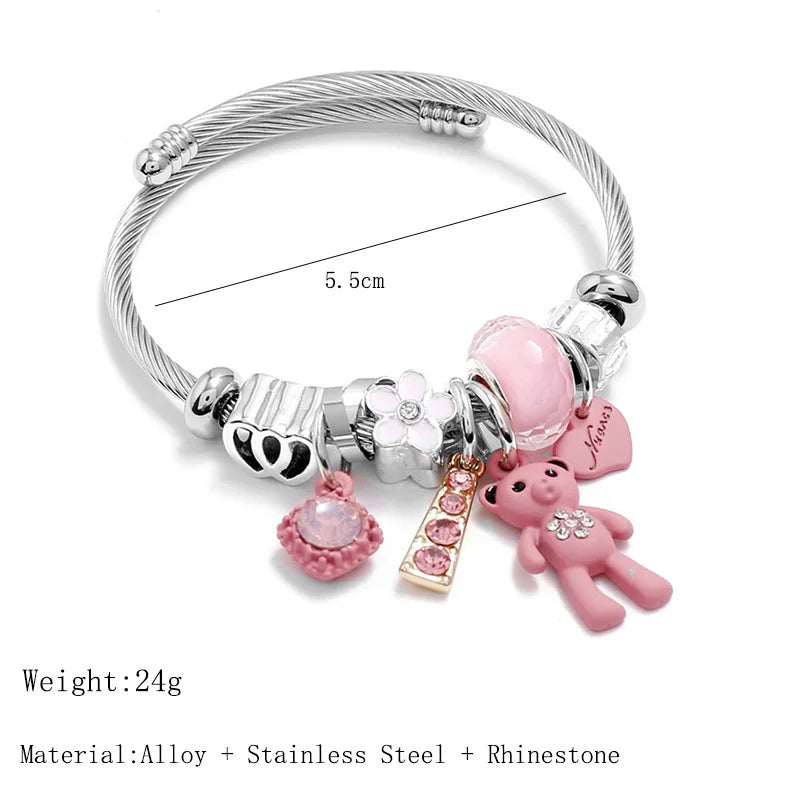 Fashion Bracelets & Bangles Stainless Steel DIY Jewelry Big Pink Bear Pendant Hearts Love Women's Bracelet Cuff Charms Pulseras