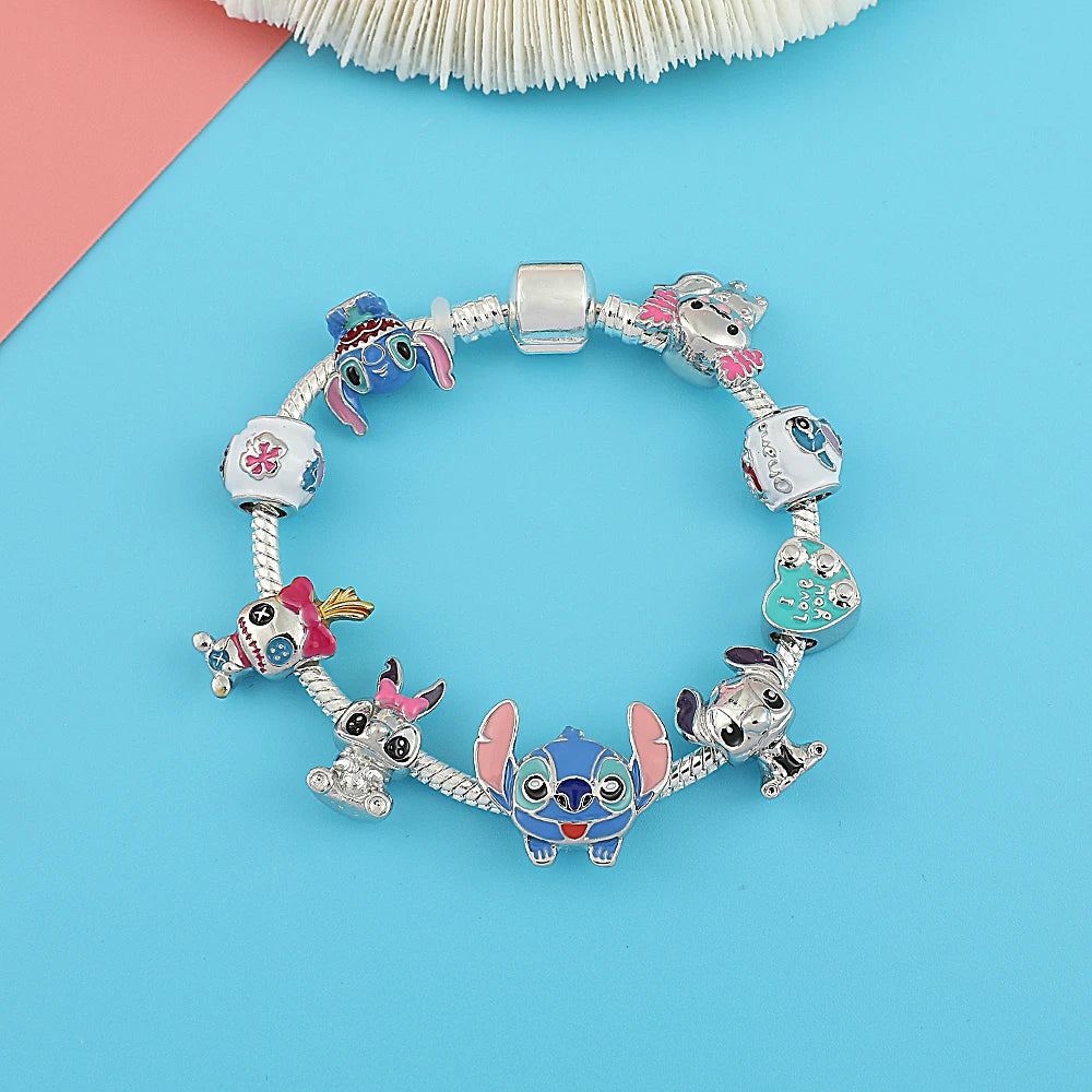 Disney Beaded Bracelet Lilo And Stitch Cartoon Cute Metal Charms Bangle DIY Beads Chain Jewelry Gifts Accessories For Women Kids