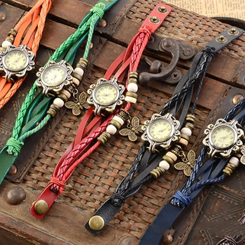 Vintage Leather Hand Woven Women's Watch Antique Copper Thin Strap Bracelet Women's Pendant Watch Exquisite Trendy Quartz Watch