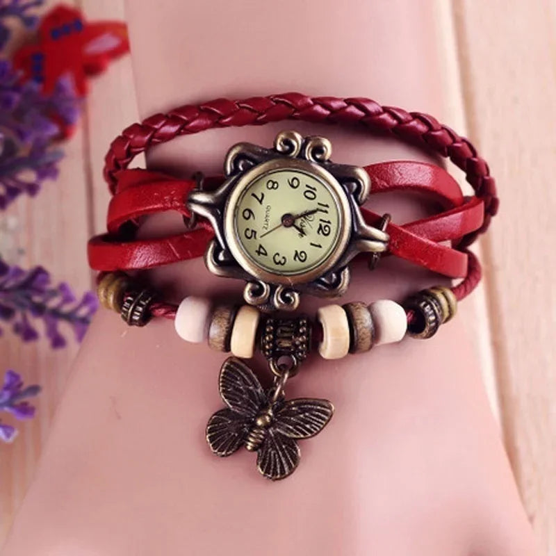 Vintage Leather Hand Woven Women's Watch Antique Copper Thin Strap Bracelet Women's Pendant Watch Exquisite Trendy Quartz Watch