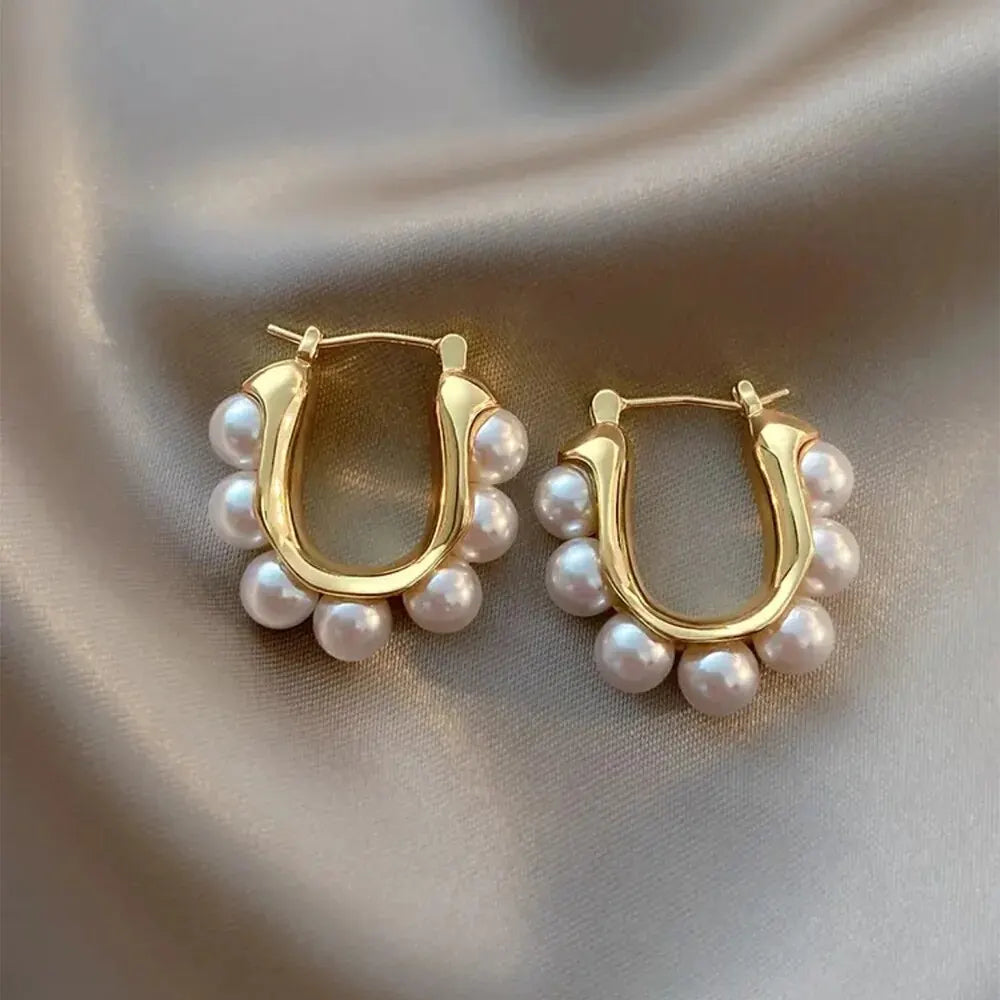 Stylish U-shaped Hoop Earrings Gold Color Elegant Imitation Pearl Earrings Wedding Party Girls Luxury Accessories Women's Gifts