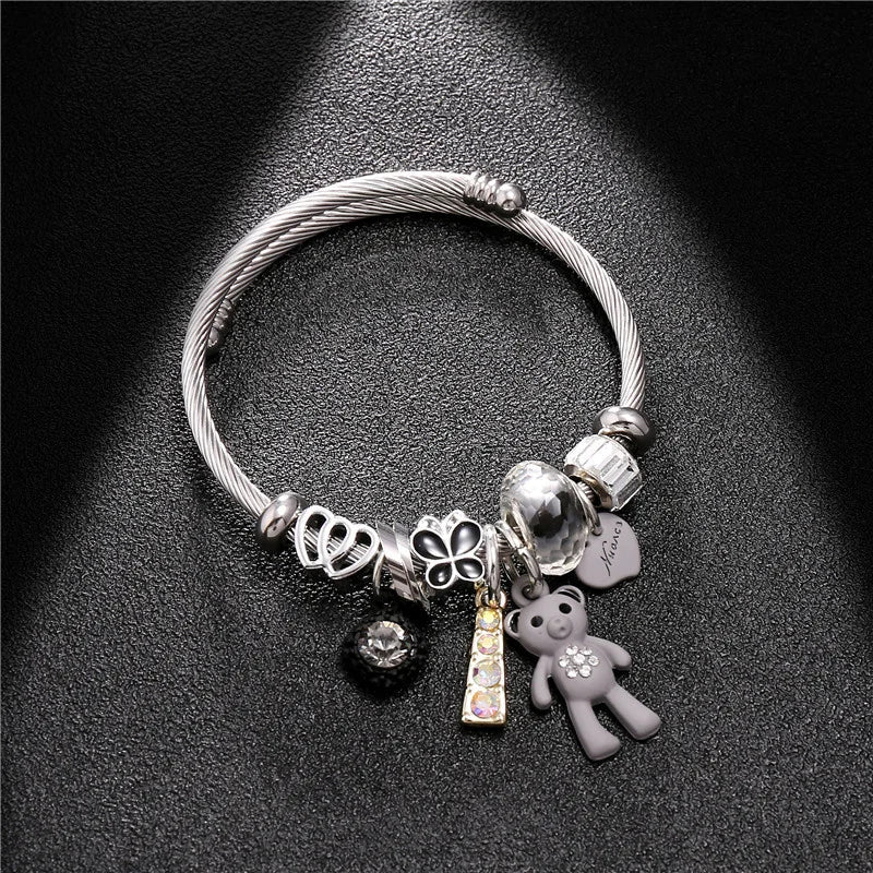 Fashion Bracelets & Bangles Stainless Steel DIY Jewelry Big Pink Bear Pendant Hearts Love Women's Bracelet Cuff Charms Pulseras