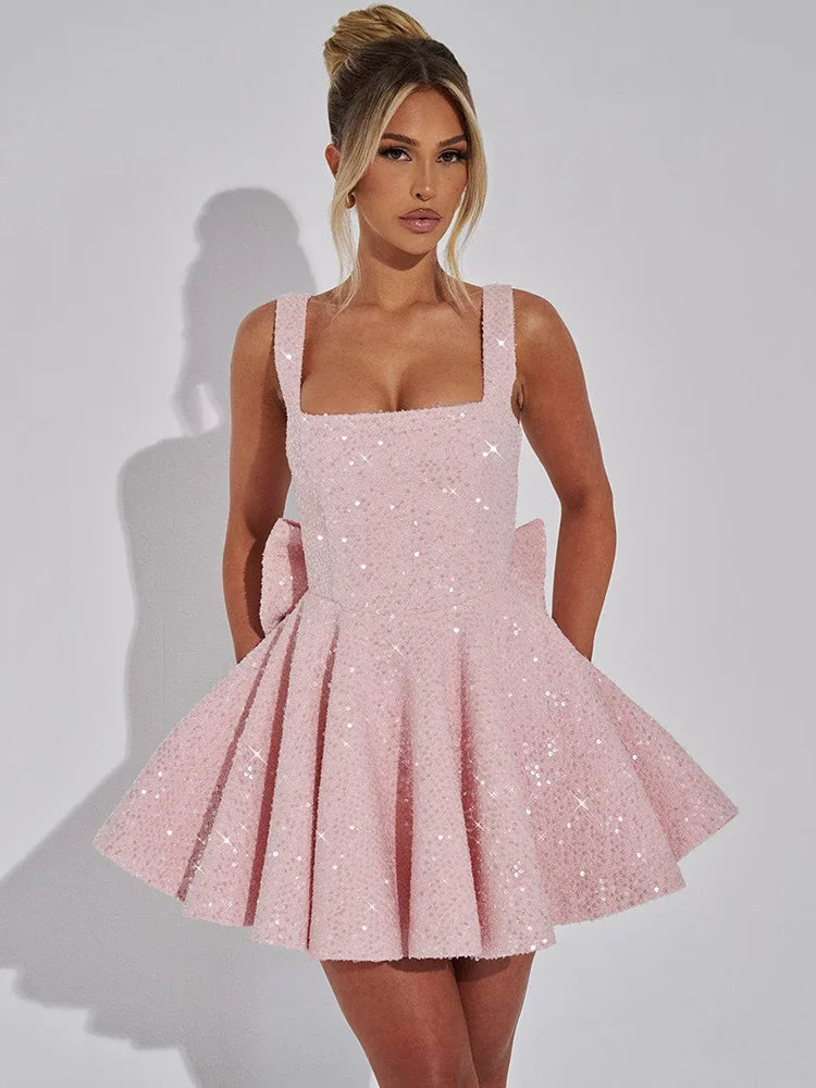 Mozision Sequins Bow Backless Sexy Mini Dress For Women Robe Fashion Square Collar Sleeveless High Waist A-line Club Dress