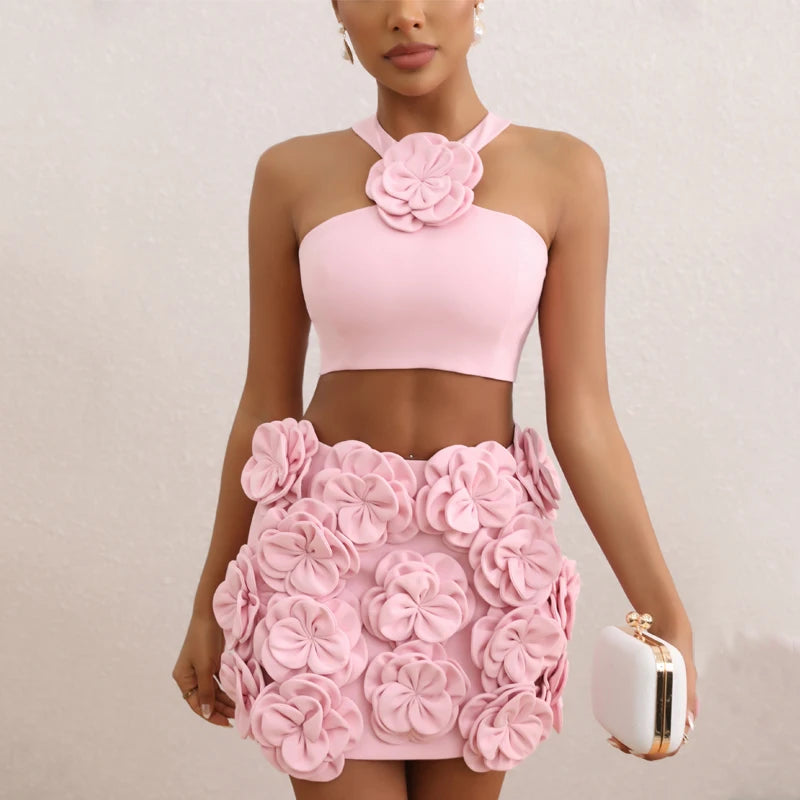 New sexy pink neck hanging backless dress, women's temperament short skirt decoration flower party dress set