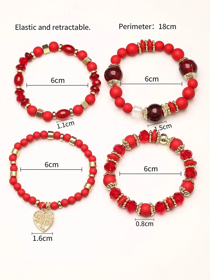 4Pcs Tree of Life Heart Bracelet Set For Women Acrylic Glass Beads Chain Elastic Bangle Female Fashion Party Jewelry