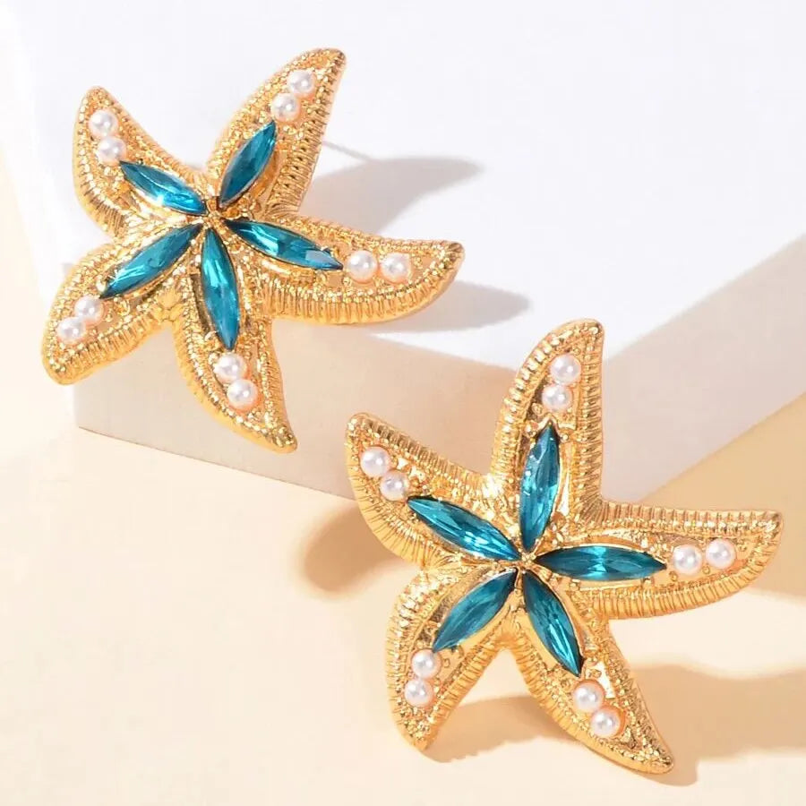 Obega Candy Starfish Charms Dangle Stud Earrings Metal Epoxy Pendant Ear Stud Green Crystal Stone Beach Charms Jewelry For Woman