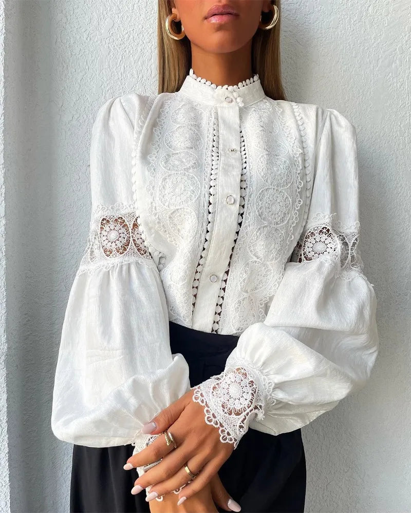 White Lace Blouses Women Elegant Solid Casual Lace and Button Hook Flower Hollow Puff Sleeves Blouse Top Lady Office Shirts