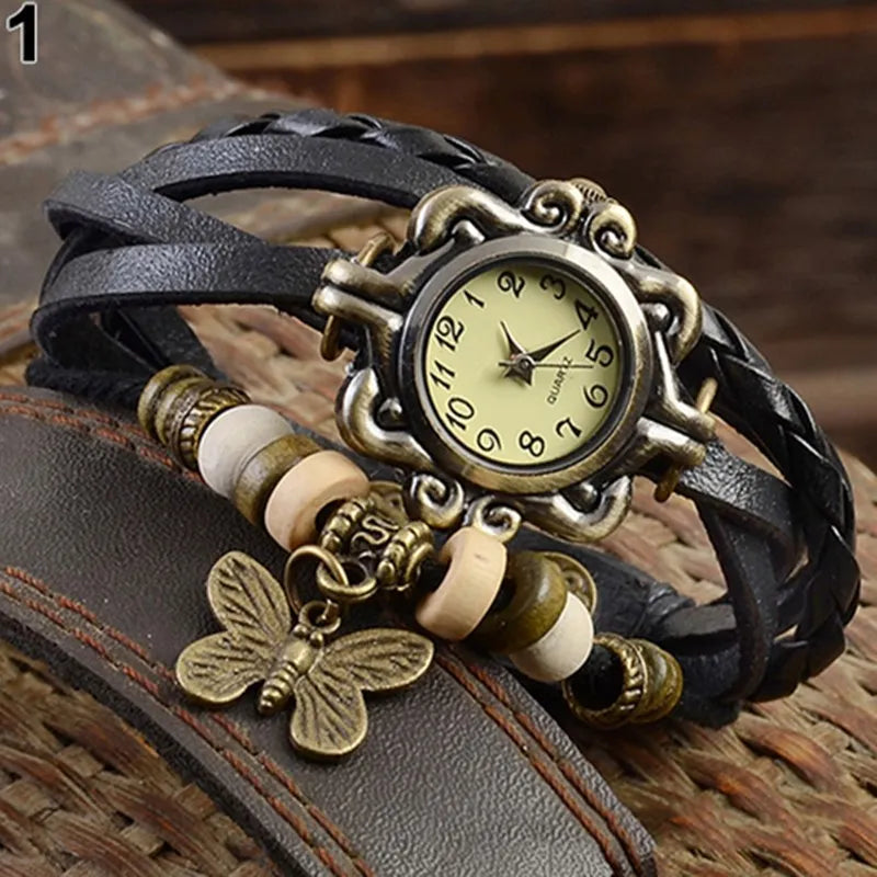 Vintage Leather Hand Woven Women's Watch Antique Copper Thin Strap Bracelet Women's Pendant Watch Exquisite Trendy Quartz Watch