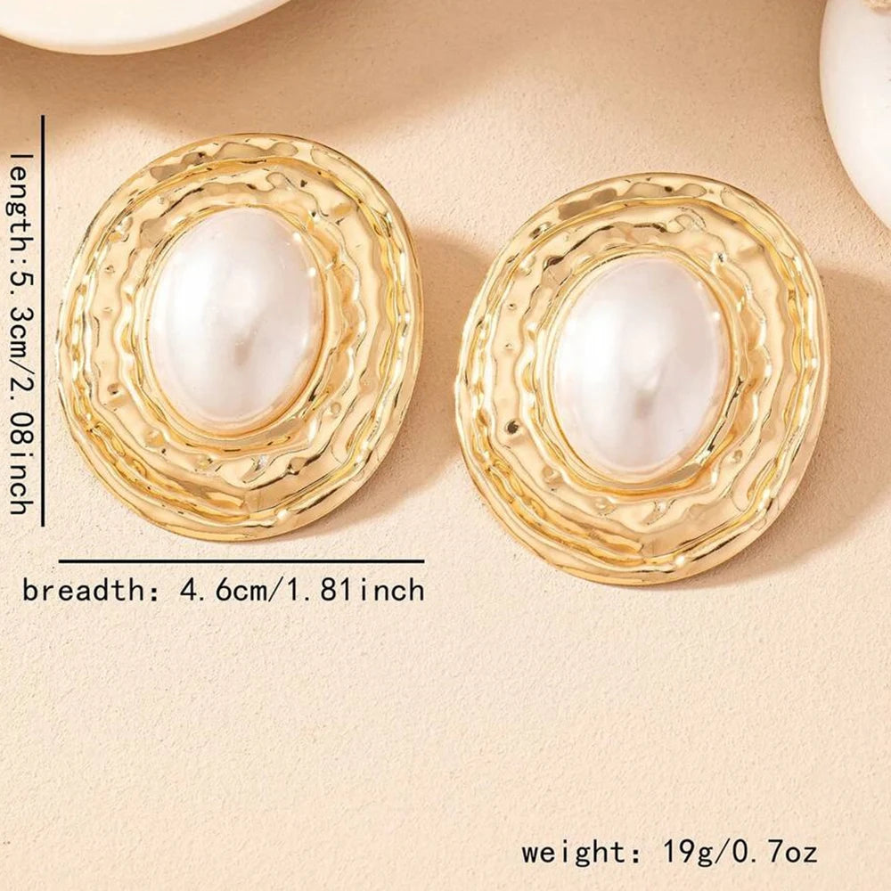 Punk White Rose Imitation Pearl Big Earrings For Women Exaggerated Lat Oval Metal Stud Earrings Vintage Evening Jewelry