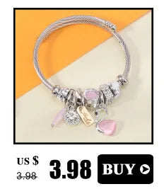 Fashion Bracelets & Bangles Stainless Steel DIY Jewelry Big Pink Bear Pendant Hearts Love Women's Bracelet Cuff Charms Pulseras