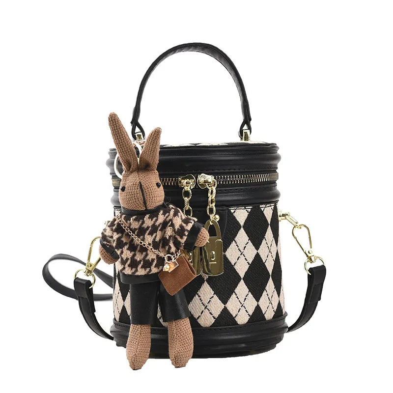 Vintage Bucket Handbag with Bunny Keychain