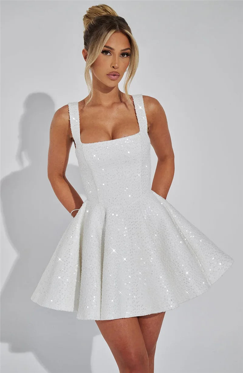 Mozision Sequins Bow Backless Sexy Mini Dress For Women Robe Fashion Square Collar Sleeveless High Waist A-line Club Dress