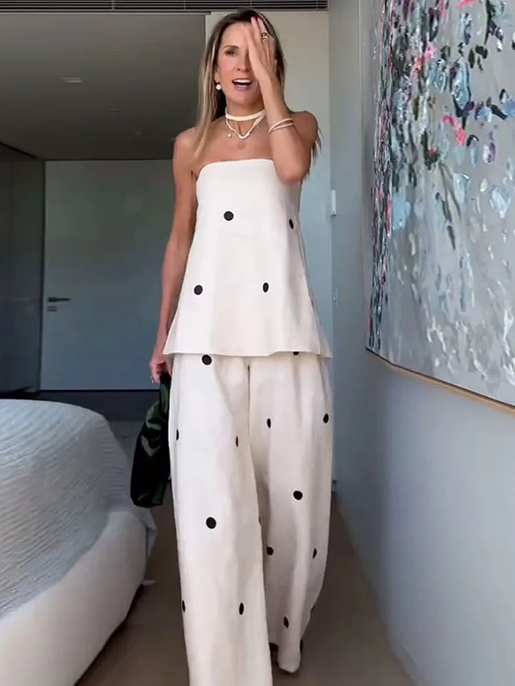 Women Fashion Polka Dot Wide Leg Pant 2 Piece Set Sexy Off Shoulder Sleeveless Vest Tops Suit 2025 New Vocation Streetwear