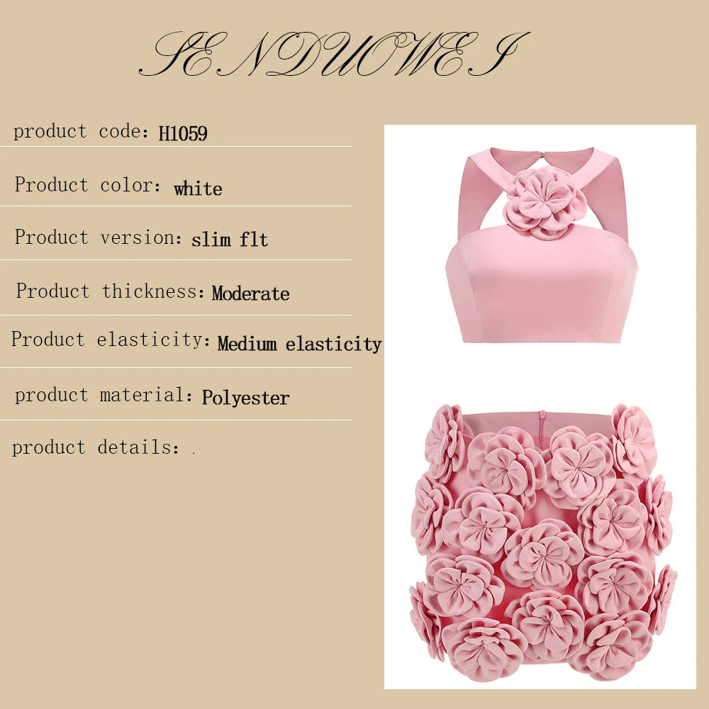 New sexy pink neck hanging backless dress, women's temperament short skirt decoration flower party dress set