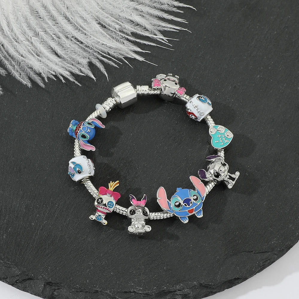 Disney Beaded Bracelet Lilo And Stitch Cartoon Cute Metal Charms Bangle DIY Beads Chain Jewelry Gifts Accessories For Women Kids