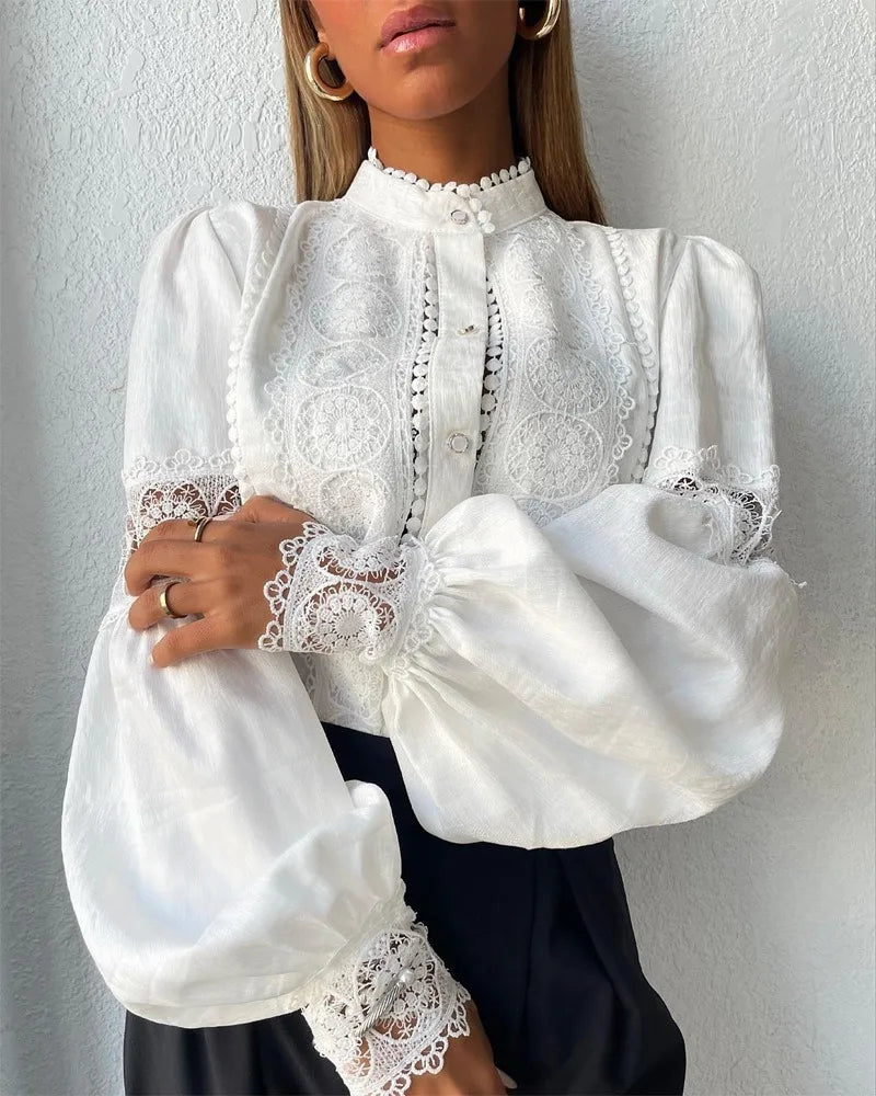 White Lace Blouses Women Elegant Solid Casual Lace and Button Hook Flower Hollow Puff Sleeves Blouse Top Lady Office Shirts