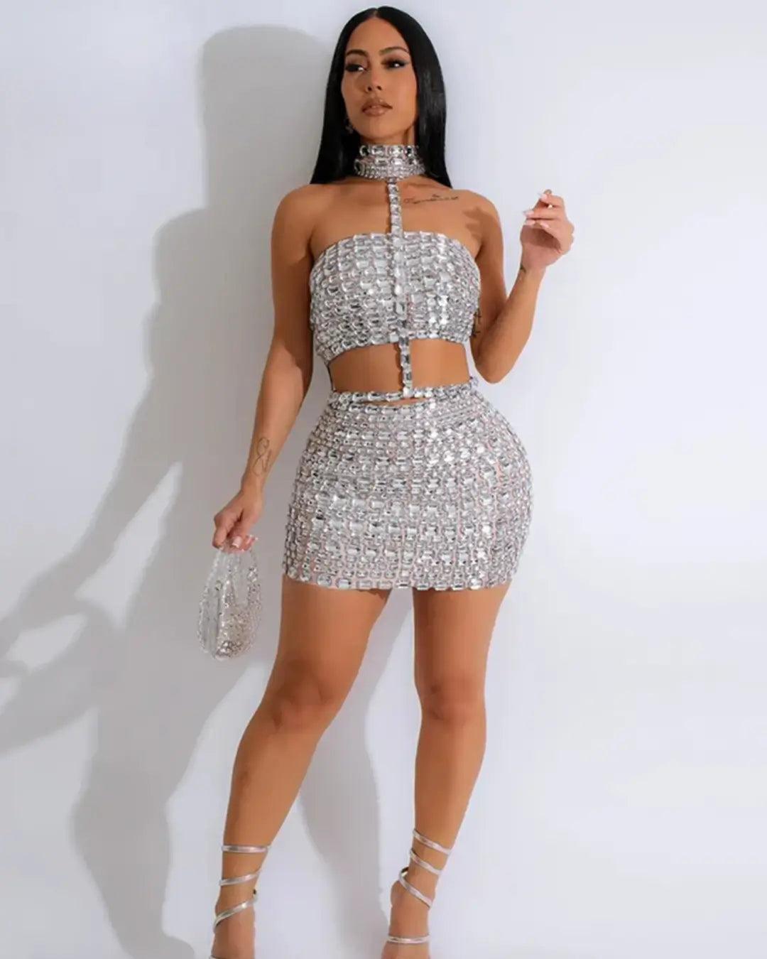 Silver Set: Sexy Mini Skirt & Rhinestone Halter Crop Top