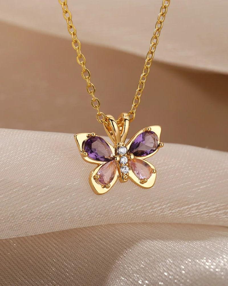 Violetta butterfly necklace with purple zircon, crafted from 316L Stainless Steel, elegant and refined jewelry for women