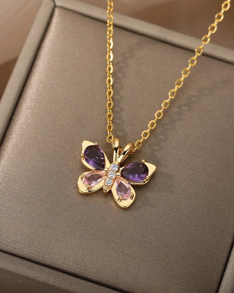 Violetta butterfly necklace with purple zircon, crafted from 316L Stainless Steel, elegant and refined jewelry for women