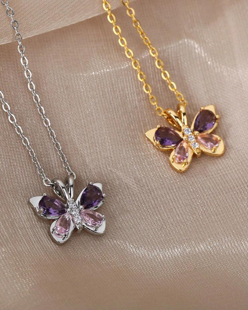 Violetta butterfly necklace with purple zircon, crafted from 316L Stainless Steel, elegant and refined jewelry for women