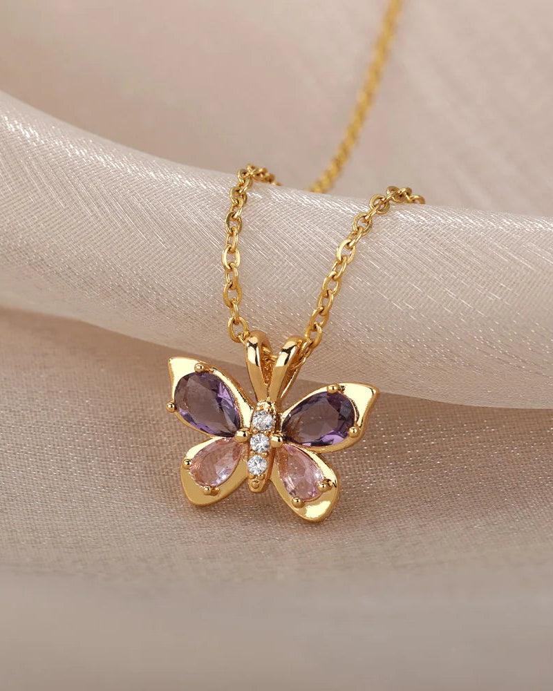 Violetta butterfly necklace with purple zircon, crafted from 316L Stainless Steel, elegant and refined jewelry for women