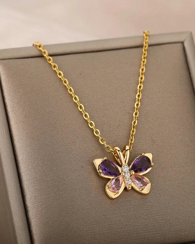 Violetta butterfly necklace with purple zircon, crafted from 316L Stainless Steel, elegant and refined jewelry for women