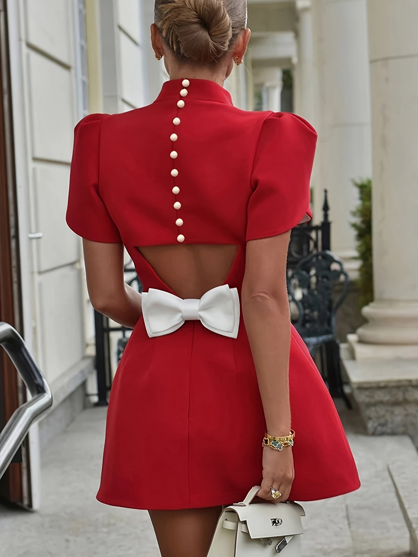 Elegant Red A-Line Dress with White Back Bow Detail - Short Sleeve, Round Neck, Knee-Length, Polyester & Spandex Blend, Machine Washable - Perfect for Casual or Chic Outfits, Cute Dresses