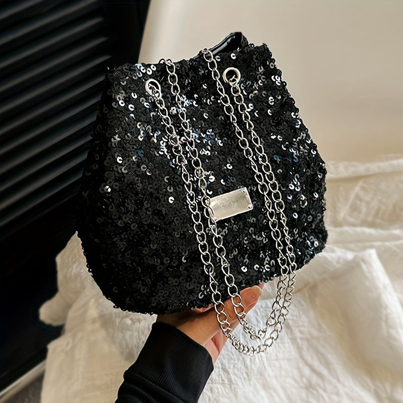 Lumière Sequin Bucket Bag –  Leather Crossbody