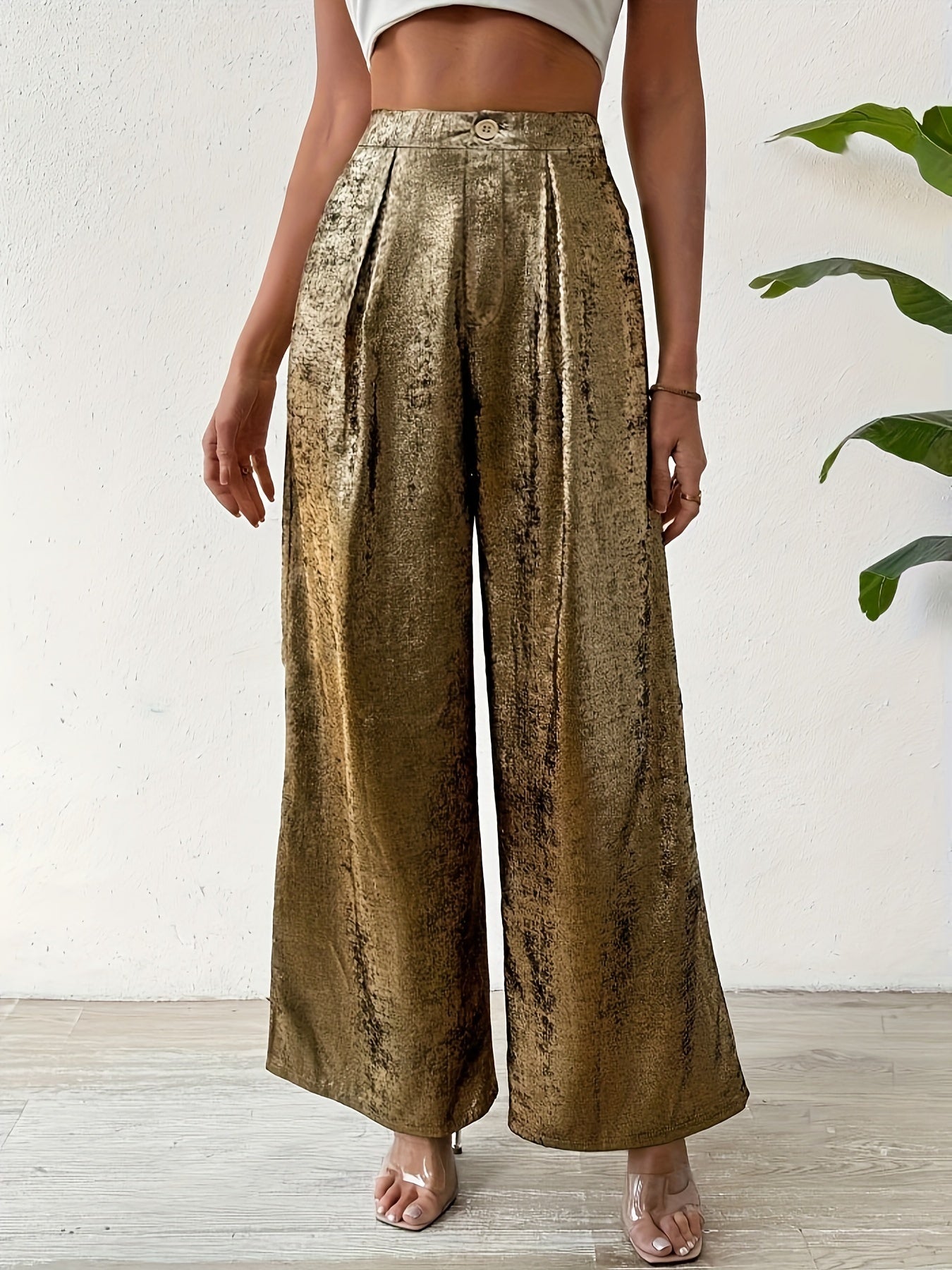 Elegant Golden Straight-Leg Pants for Women - High-Waisted, Textured Polyester with Pockets, Machine Washable - Versatile All-Season Fashion