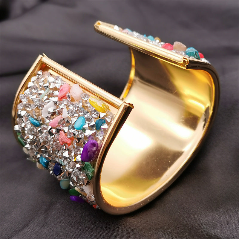 1 Pc Colorful Cuff Bangle Bracelet Inlaid Shiny Crystal Classic Rainbow Color Bangle For Women