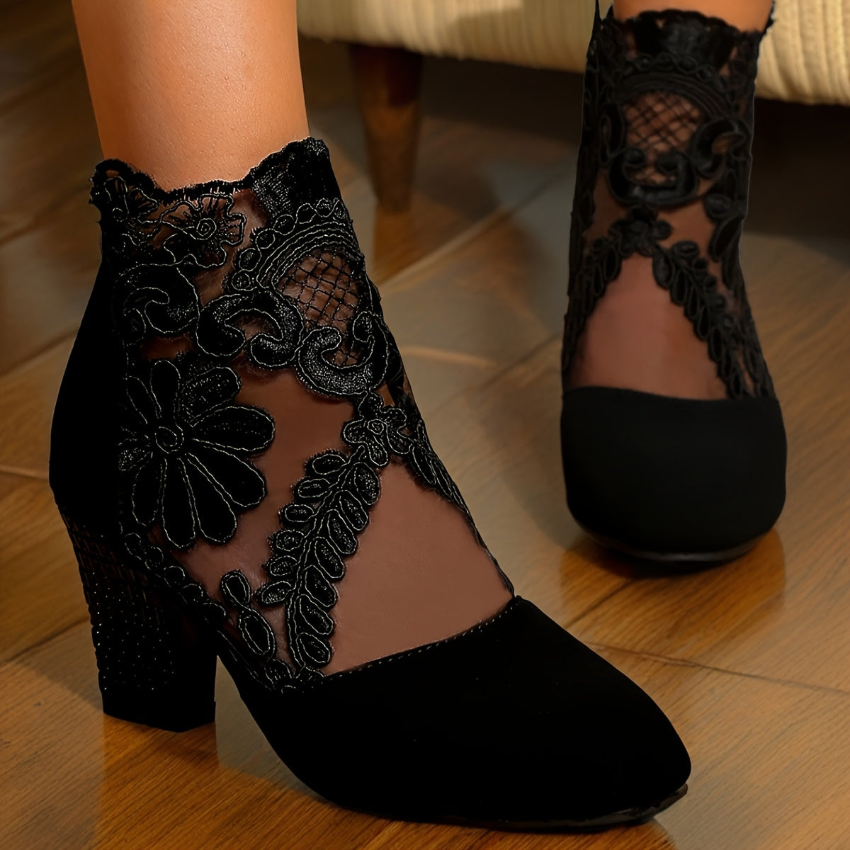 1pr Elegant Lace-up Ankle Boots, Sexy Square Toe Block Heel, Hollow Mesh Fabric, All-Season High Heels for Women, Black