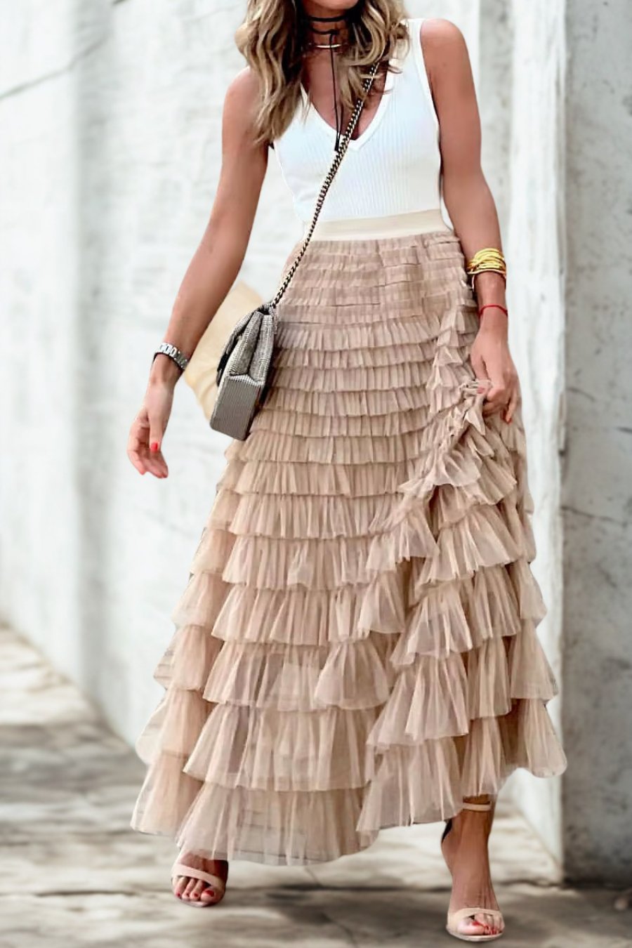 Jupe Longue en Tulle pour Femme Beige