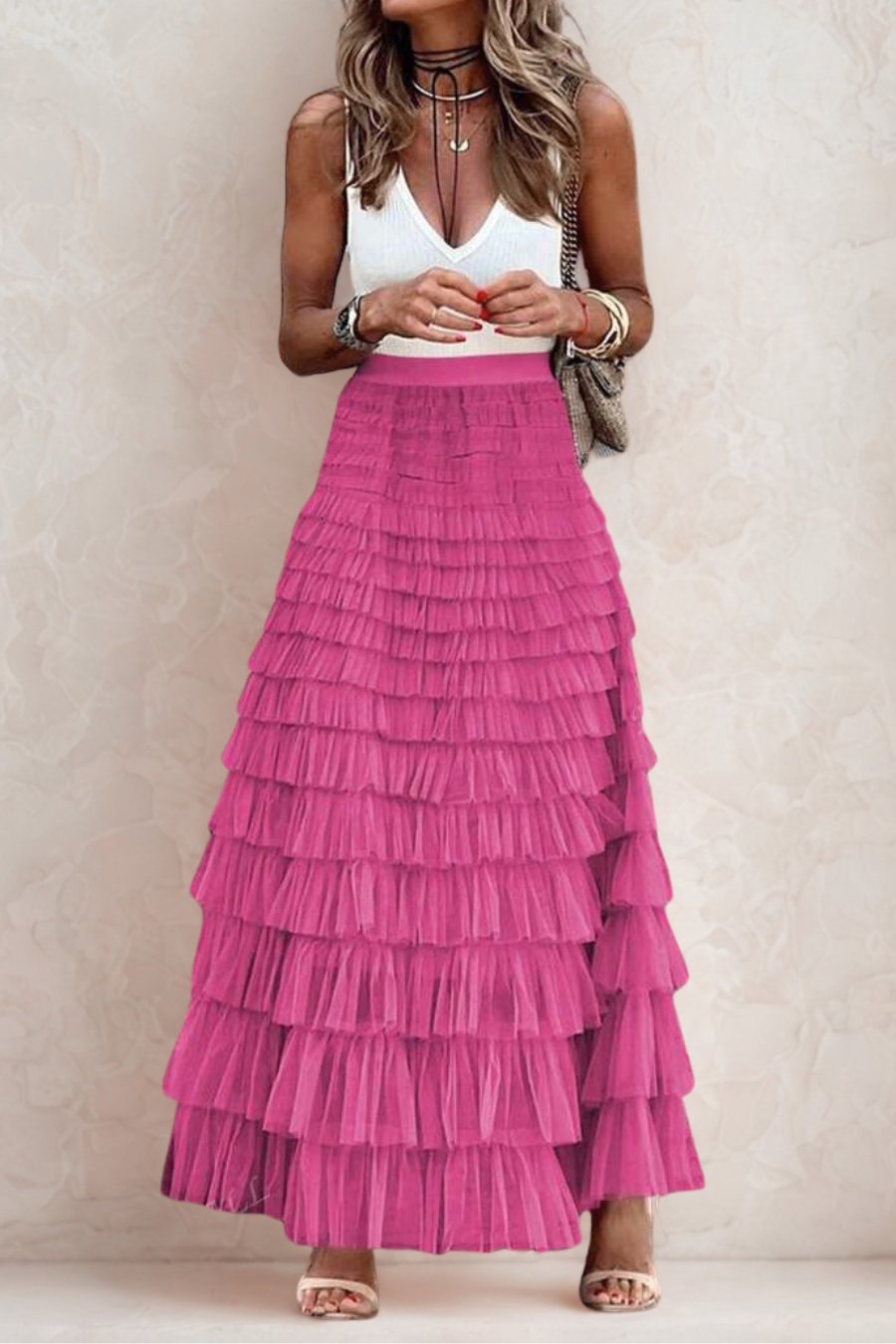 Jupe Longue en Tulle pour Femme Rose