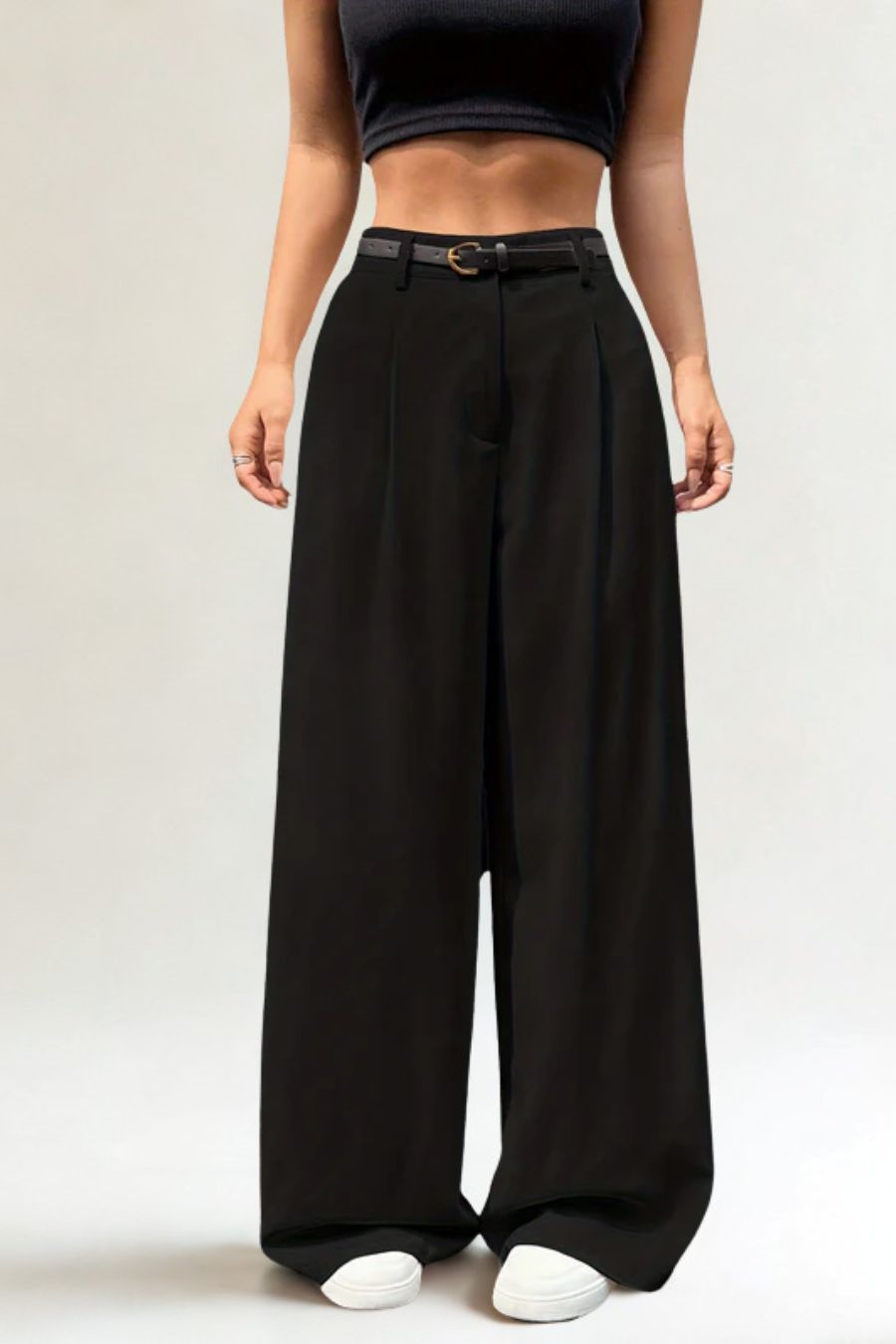 Pantalon large femme taille haute fluide chic noir
