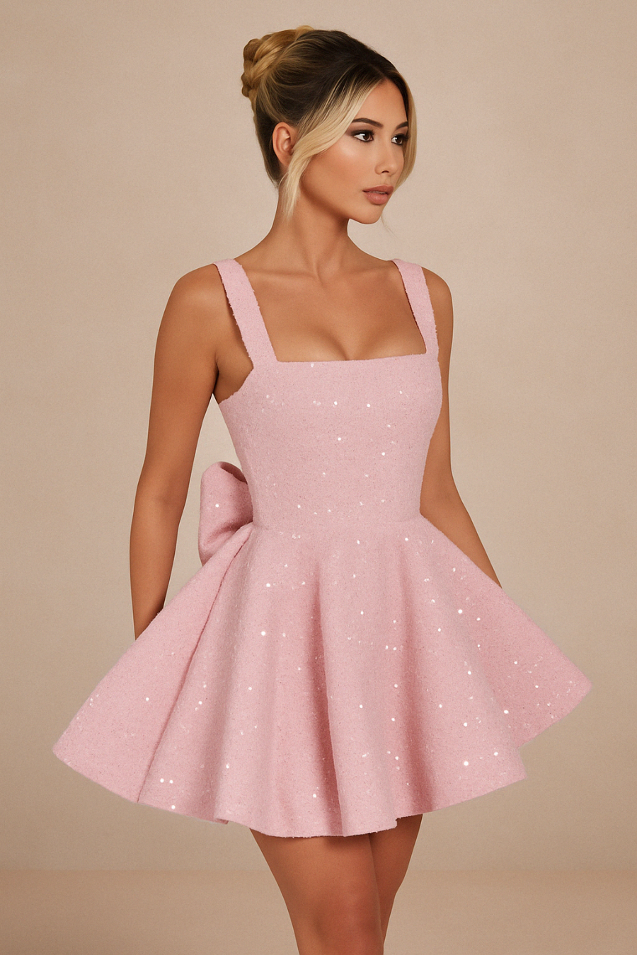 Robe courte patineuse rose à paillettes et nœud dos, idéale pour soirée chic