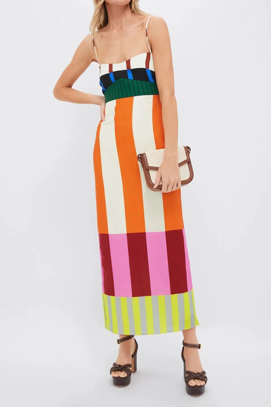 Robe midi rayée géométrique multicolore à fines bretelles ajustables